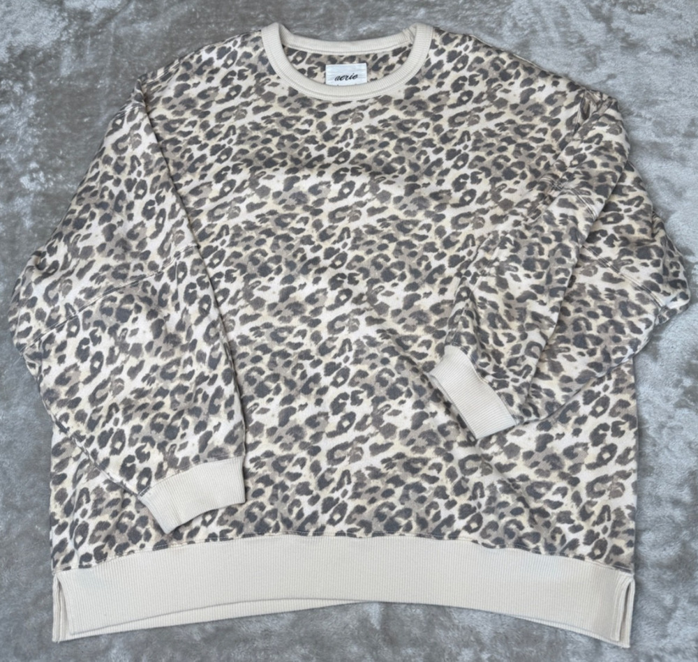 Aerie Leopard Print Ivory Gray Go To Sweatshirt Womens Size L NWOT